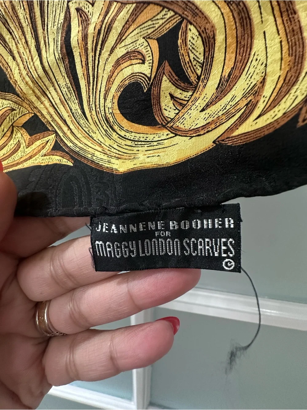 Vintage Jeannene Booher for Maggy London Black Gold 100% Silk Square Scarf